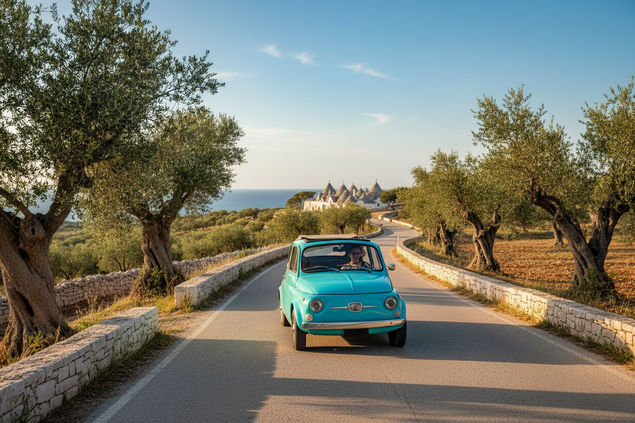 Fiat 500 on a road in Puglia